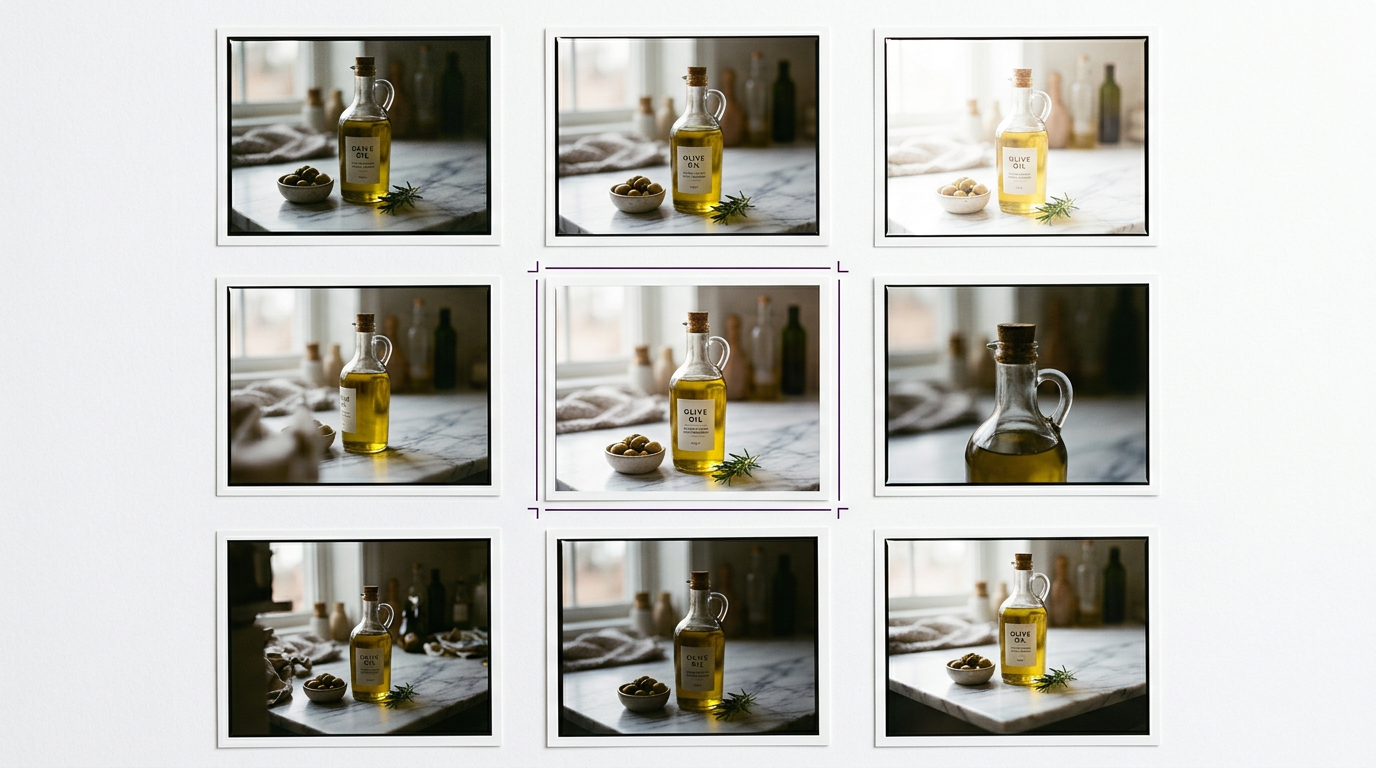 A contact sheet of nine photos of the same olive oil bottle on marble. The center photo, the sharpest and best lit, is framed in purple.