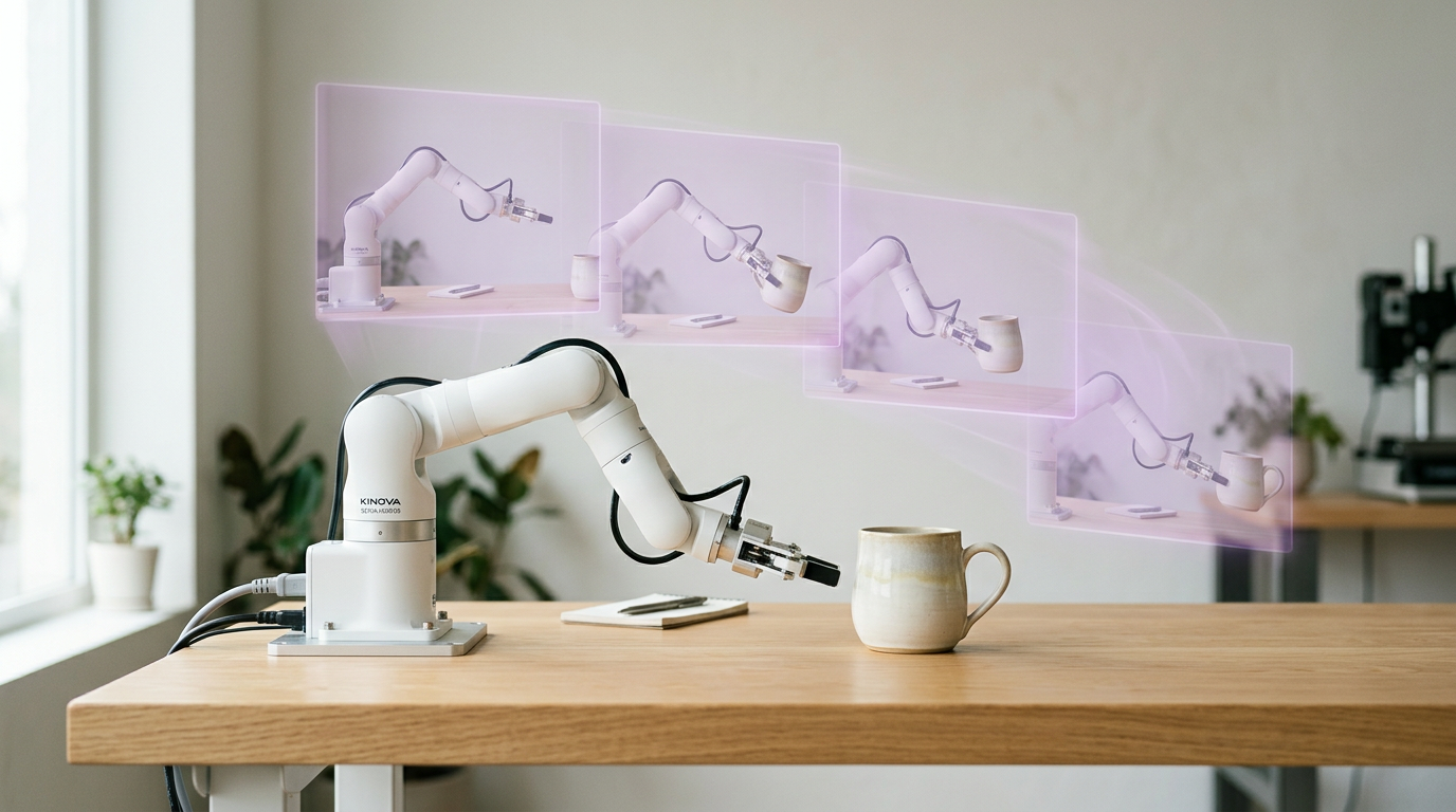 A small white robot arm reaching for a mug, with faint purple ghosted frames above it showing the moves it imagines making next.