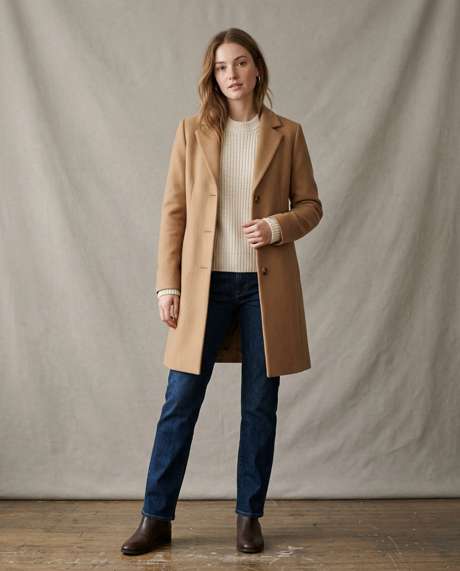 Fashion catalog photo of a model in a camel wool coat