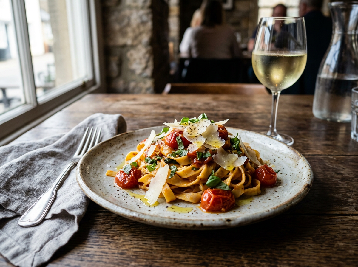 Restaurant menu photo of fresh tagliatelle with tomatoes and basil