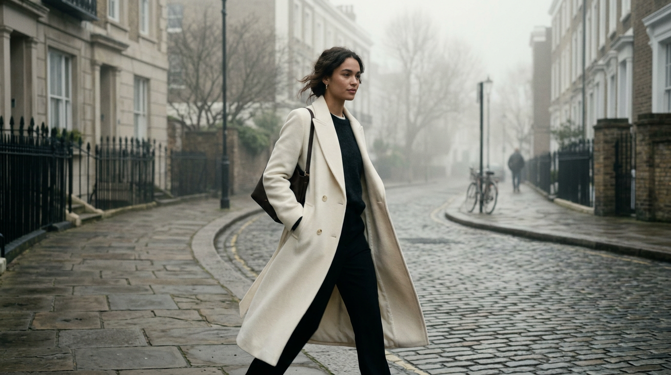Model in a white coat walking down a foggy street